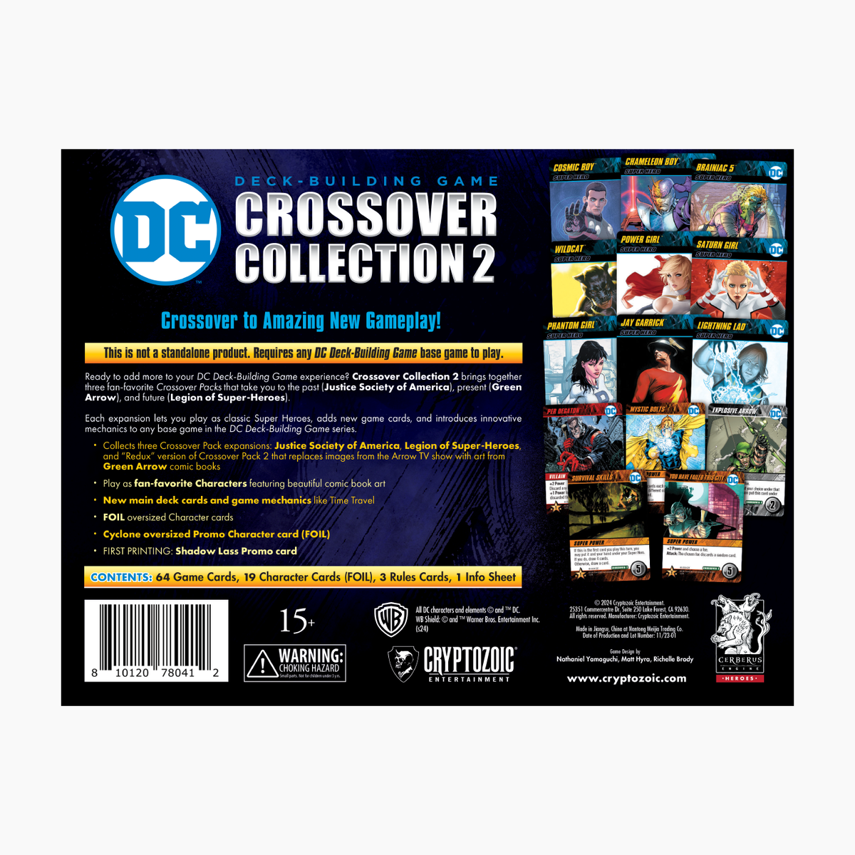 Front of the DC Deck-Building Game: Crossover Collection 2 box, featuring DC comic heroes and game cards
