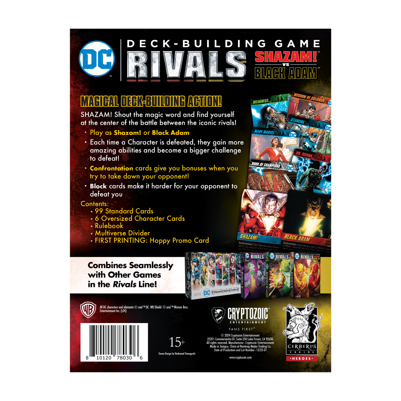 Back of the DC Deck-Building Game: Rivals - Shazam! vs. Black Adam box. Shows character cards, game features, and contents
