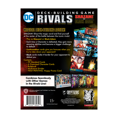 Back of the DC Deck-Building Game: Rivals - Shazam! vs. Black Adam box. Shows character cards, game features, and contents