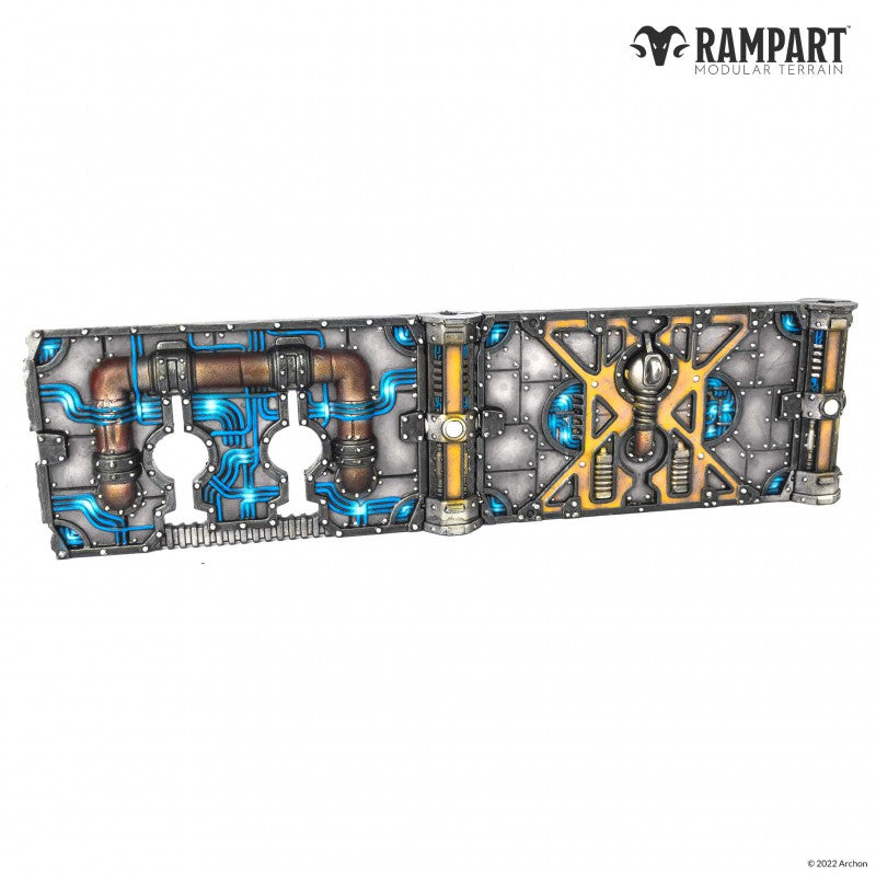 A sci-fi industrial modular terrain wall with pipes, glowing blue conduits, and yellow structural beams