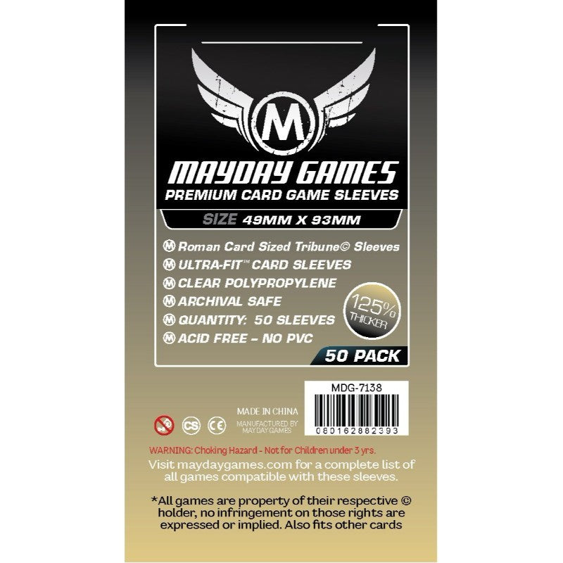 Mayday Games Premium Card Sleeves, 49mm x 93mm, 50 pack, clear polypropylene.
