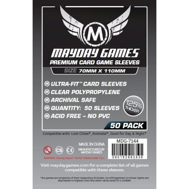 Mayday Games premium card sleeves, 70mm x 110mm, 50 pack, clear polypropylene, archival safe.