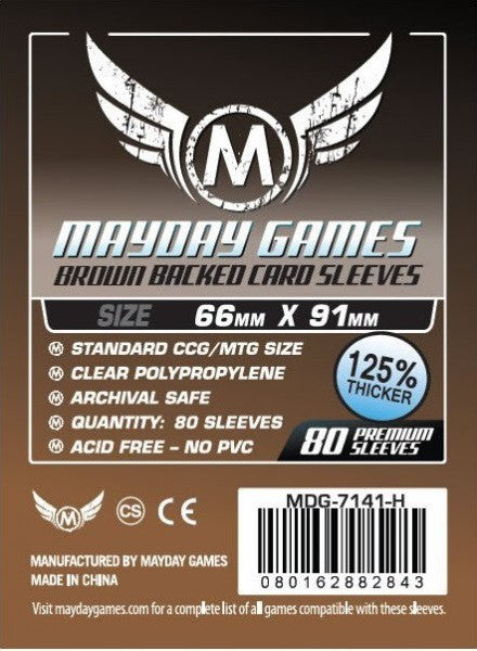 Mayday Games brown backed card sleeves, 66mm x 91mm, 80 sleeves per pack