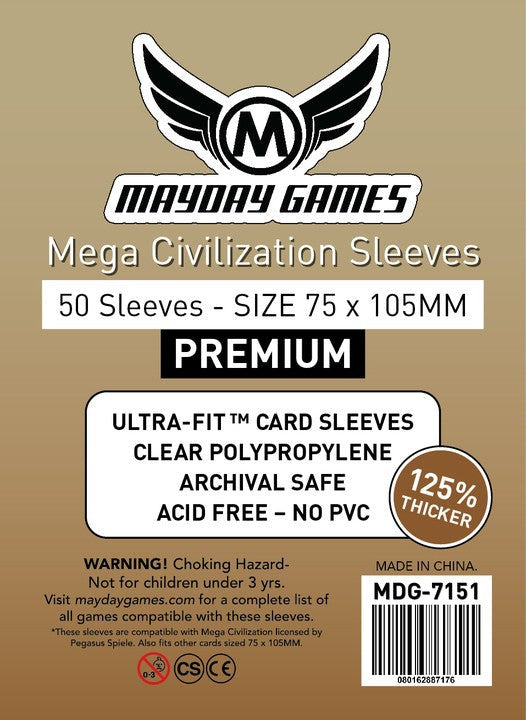 MAYDAY GAMES Mega Civilization card sleeves, 50 clear polypropylene sleeves, 75x105mm, 125% thicker