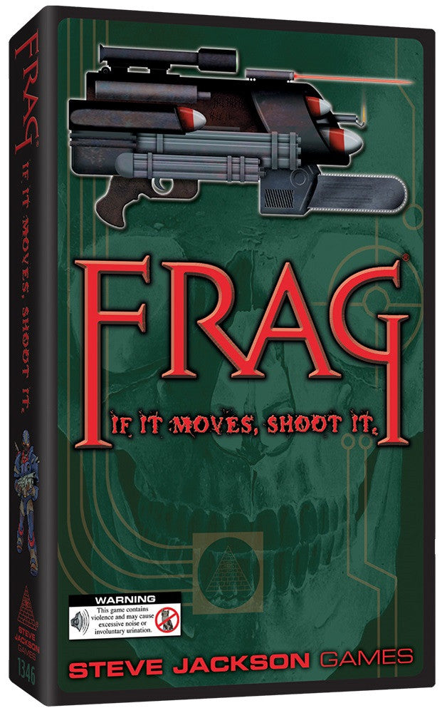 FRAG If It Moves Shoot It board game box featuring futuristic weapon and skull graphic