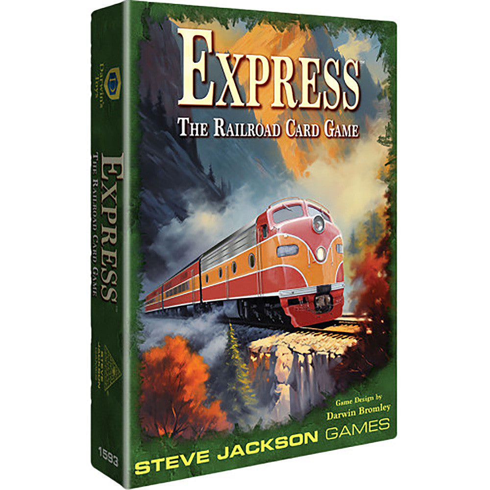 Express The Railroad Card Game by Steve Jackson Games featuring a vintage orange and red train on a track overlooking a scenic mountain valley at sunset
