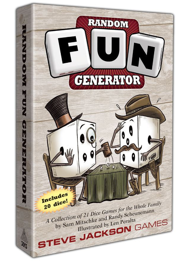 Box for Random Fun Generator game featuring two cartoon dice playing dice games at a table includes 20 dice