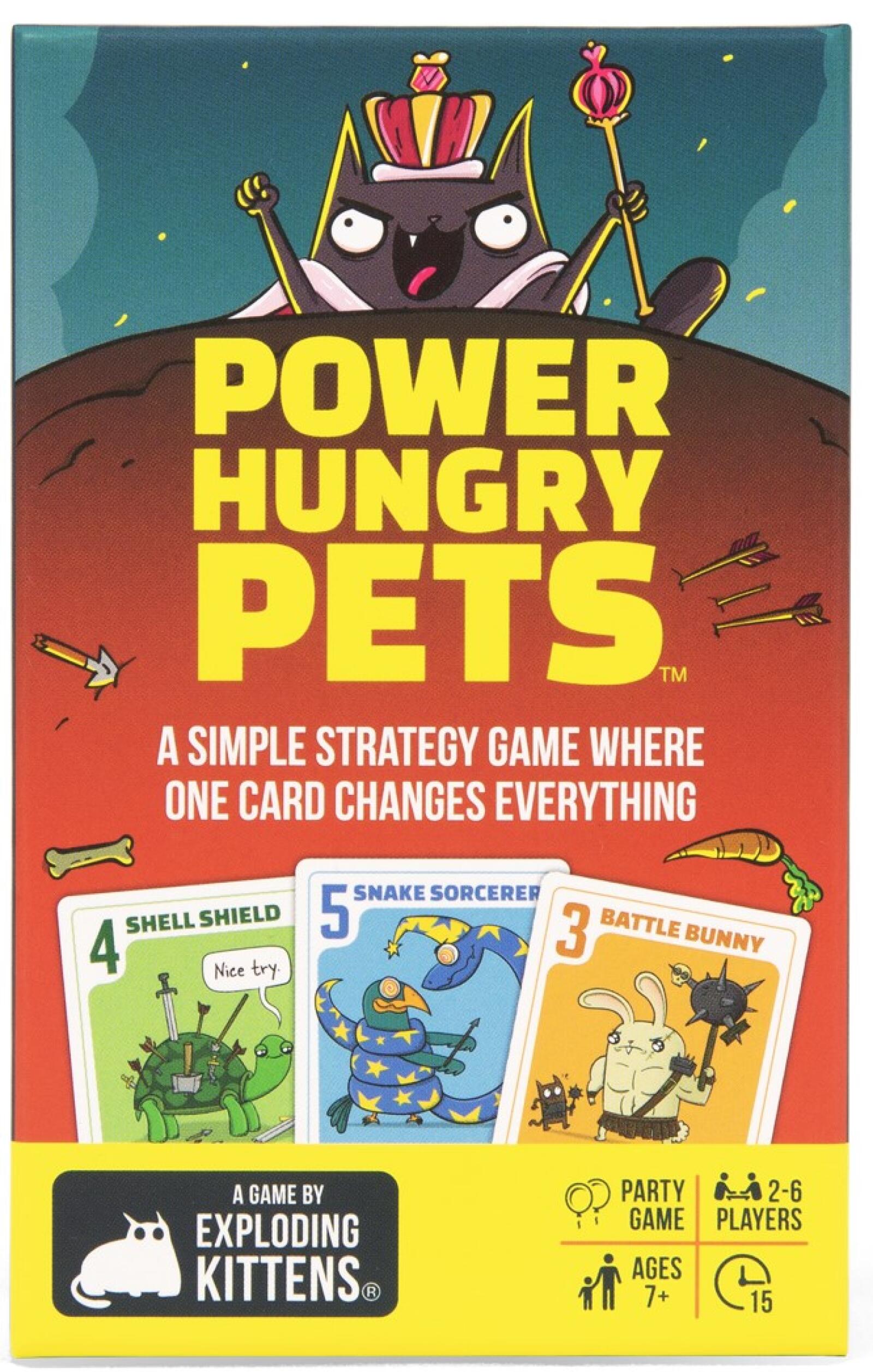 Power Hungry Pets card game box with a roaring black cat king in a crown above sample game cards