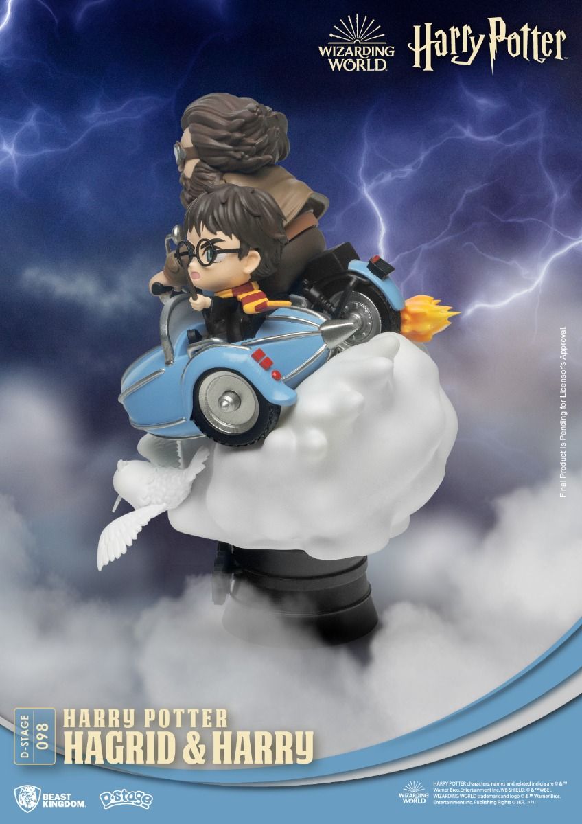 Rear angle showing swirling magic and Hogwarts background in Harry Potter figure