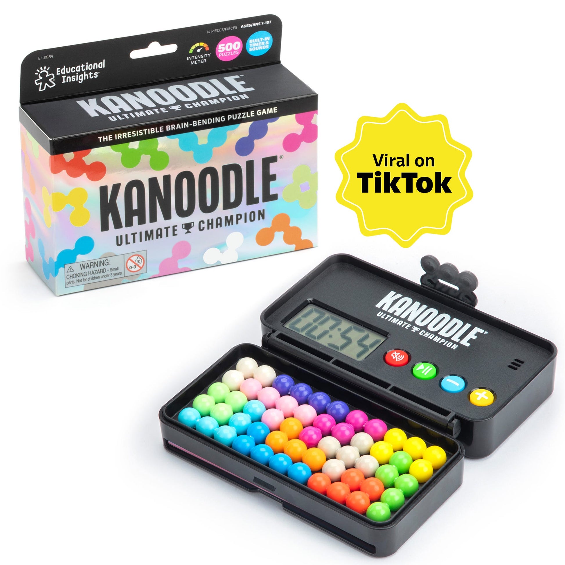 Kanoodle Ultimate Champion brain game box and open case featuring colourful spherical pieces and a digital timer