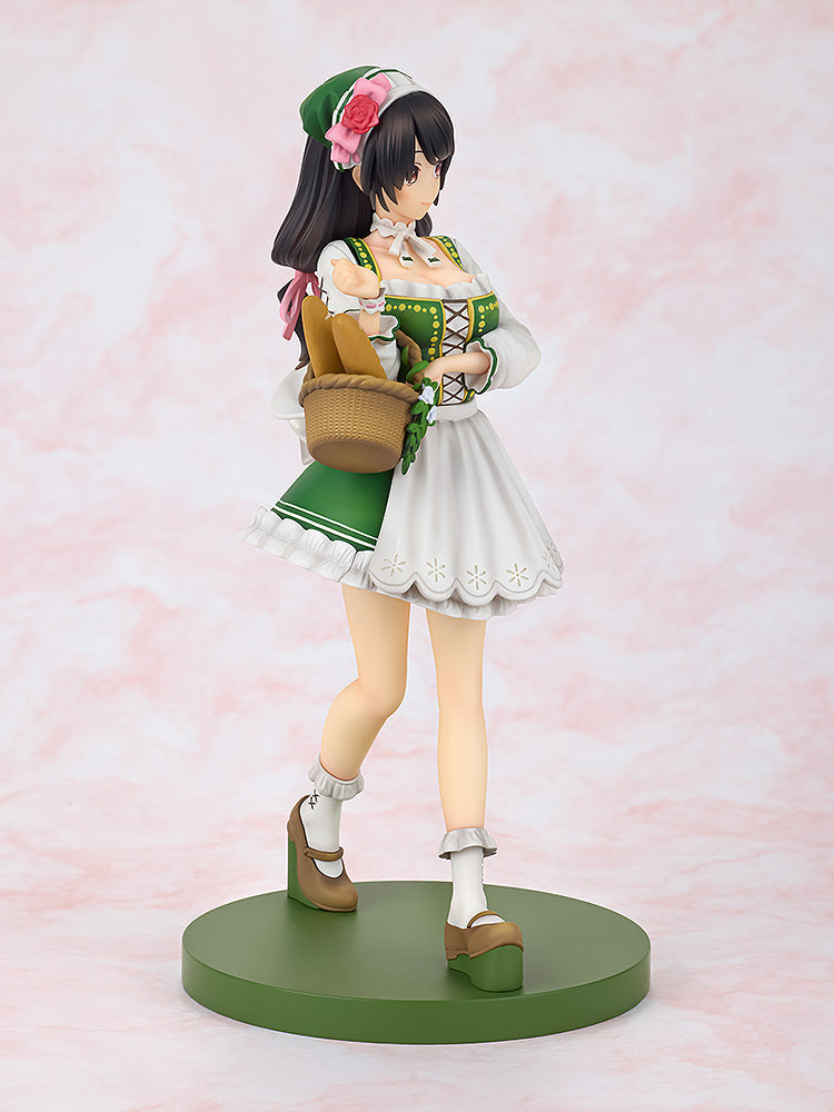 The Konosuba Yunyun 10th Anniversary figure features her in a green and white dress, holding a basket of baguettes, with a pink rose on her headscarf, standing on a round green base