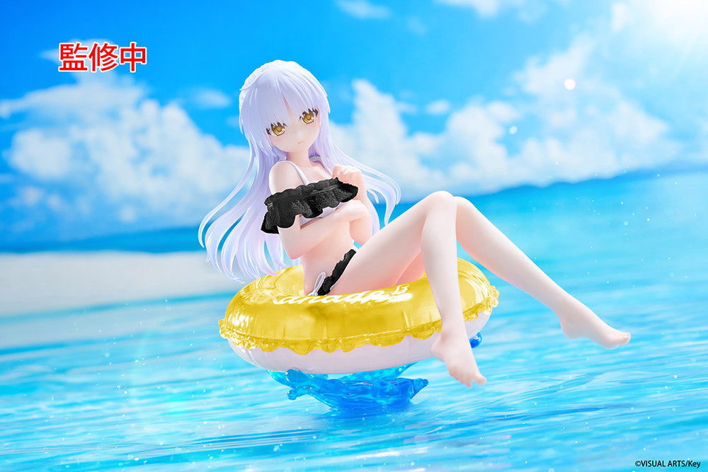 Anime girl figure with white hair and a black bikini, sitting in a yellow swim ring on blue water