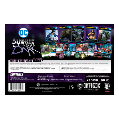 Back of DC Deck-Building Game: Justice League Dark box, showing character cards and game details