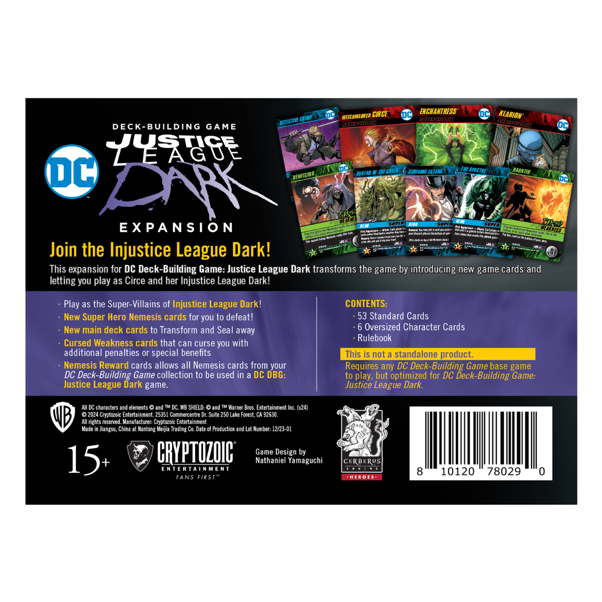 Box art for DC Deck-Building Game: Justice League Dark Expansion, showing new hero and villain cards