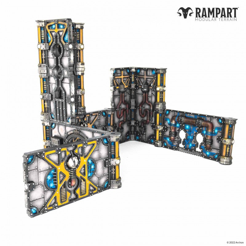 A set of Rampart modular sci-fi terrain walls with metallic panels, intricate pipes, yellow accents, and glowing blue lights