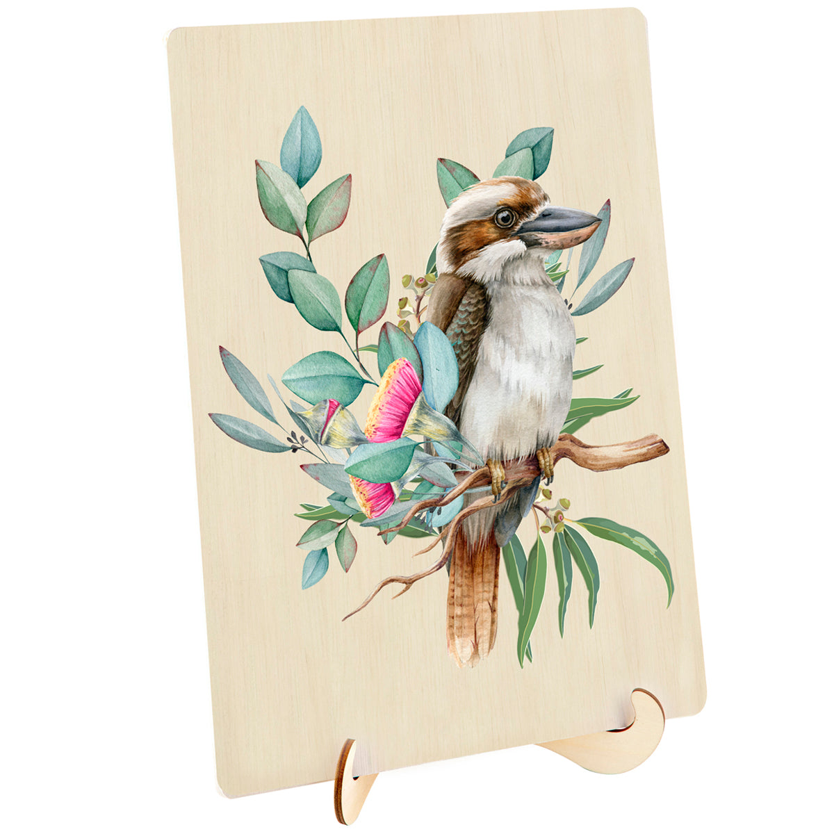 Watercolour Kookaburra bird on a branch surrounded by pink Australian bottlebrush and eucalyptus leaves, printed on a light wood plaque with a stand