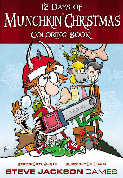 Cover of the 12 Days of Munchkin Christmas Coloring Book featuring festive Munchkin characters in holiday attire holding presents and weapons