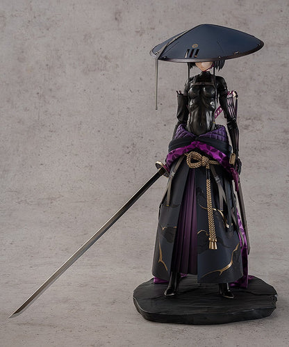 Anime figure in black/purple, wearing a wide hat, standing with a long katana pointed forward