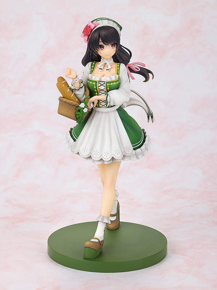 The smiling Good Smile Konosuba Yunyun 10th Anniversary figure wears a green and white maid dress with a rose in her hair, holding a baguette basket on a round green base