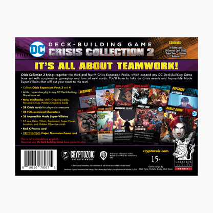 Back of DC Deck-Building Game: Crisis Collection 2 box. Displays features, new mechanics, and character art including Harley Quinn