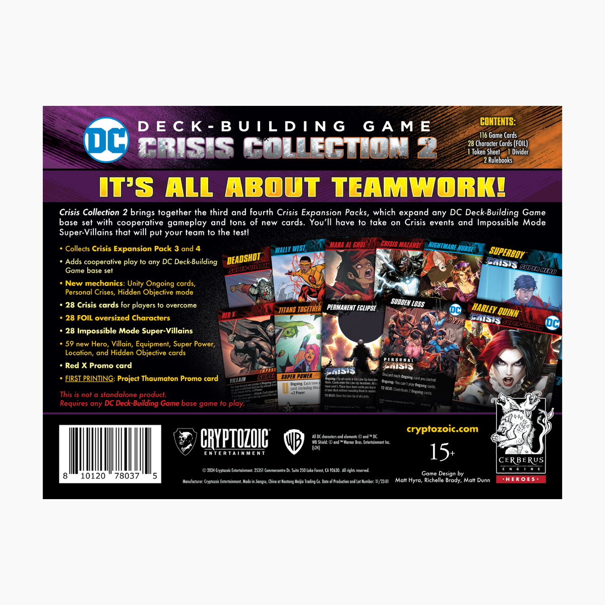 Back of DC Deck-Building Game: Crisis Collection 2 box. Displays features, new mechanics, and character art including Harley Quinn