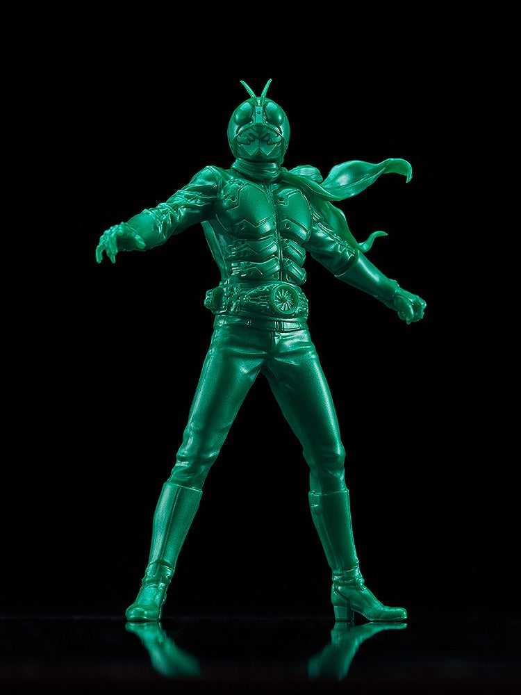 Metallic green standing action figure of Kamen Rider 1 with flowing scarf and belt buckle detail