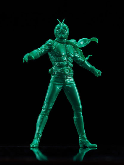 Metallic green standing action figure of Kamen Rider 1 with flowing scarf and belt buckle detail