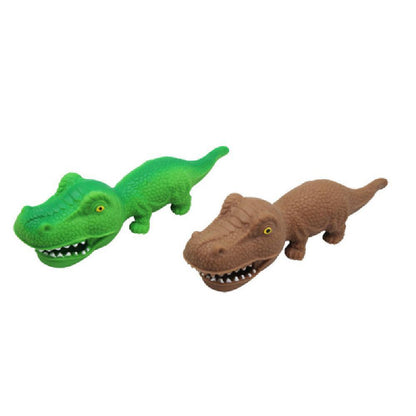 Green and brown rubber dinosaur toys with open mouths