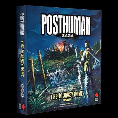 Posthuman Saga: The Journey Home expansion box. A lone survivor with a spear views a burning, ruined settlement.