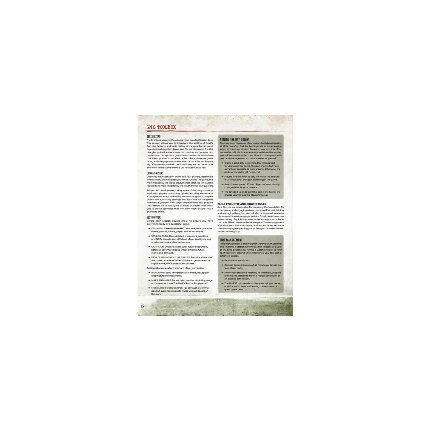 GM's Toolbox rulebook page with text and bullet points about game preparation and rules