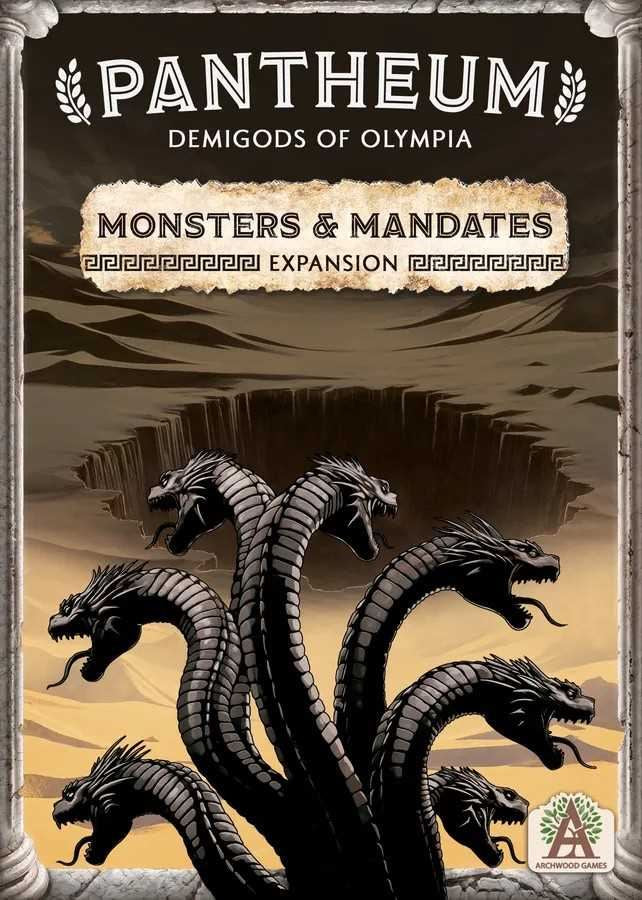 Game cover: Multi-headed black Hydra emerges from a deep chasm in a desert landscape. Title: Monsters & Mandates Expansion