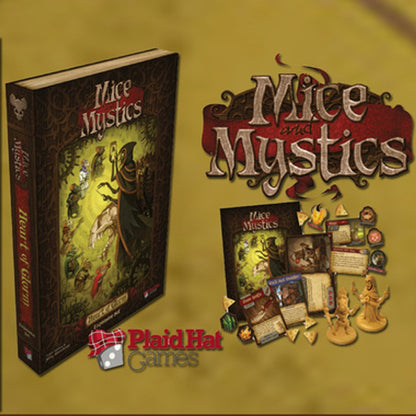 Mice and Mystics: Heart of Glorm board game box, logo, rulebook, cards, tokens and miniatures