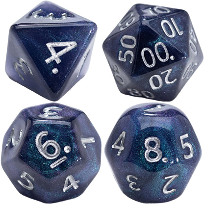 Four dark blue and purple glittery polyhedral dice with silver numbers