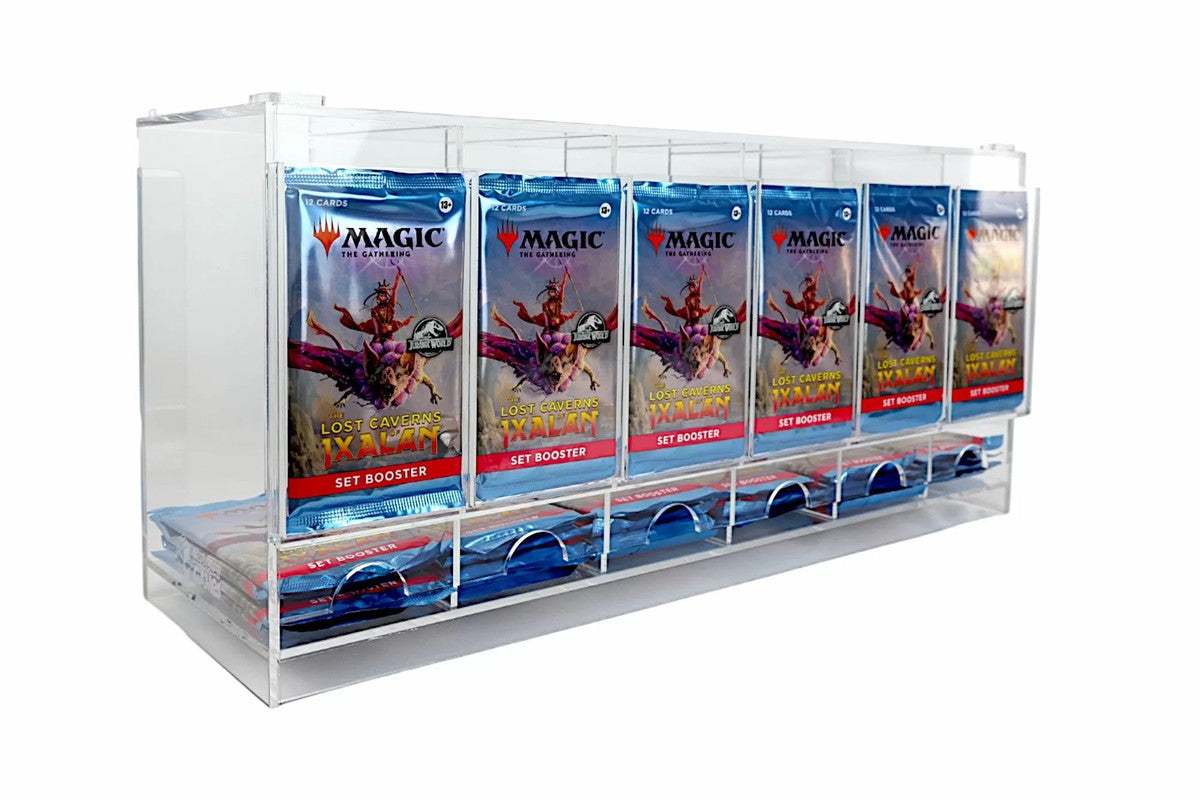 A clear acrylic dispenser holds rows of Magic: The Gathering Lost Caverns of Ixalan Set Booster packs, ready for purchase