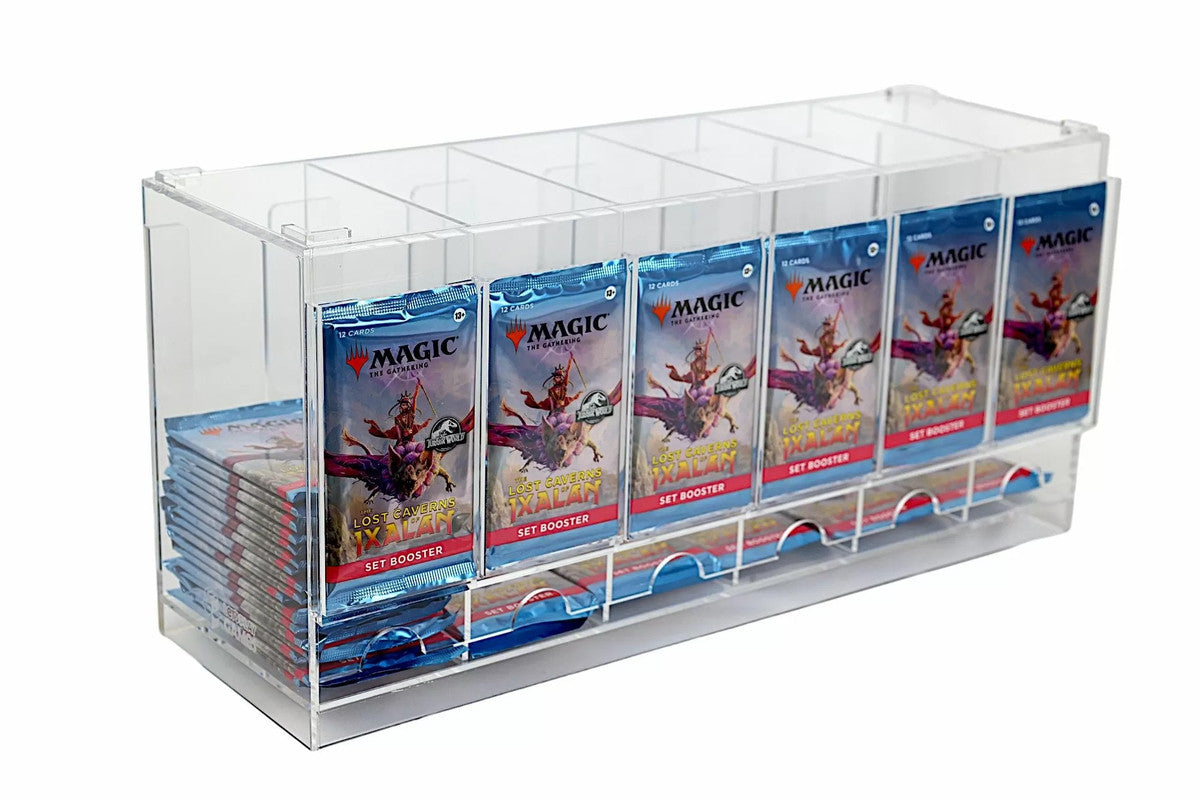 Clear acrylic dispenser filled with Magic: The Gathering Lost Caverns of Ixalan Set Booster packs
