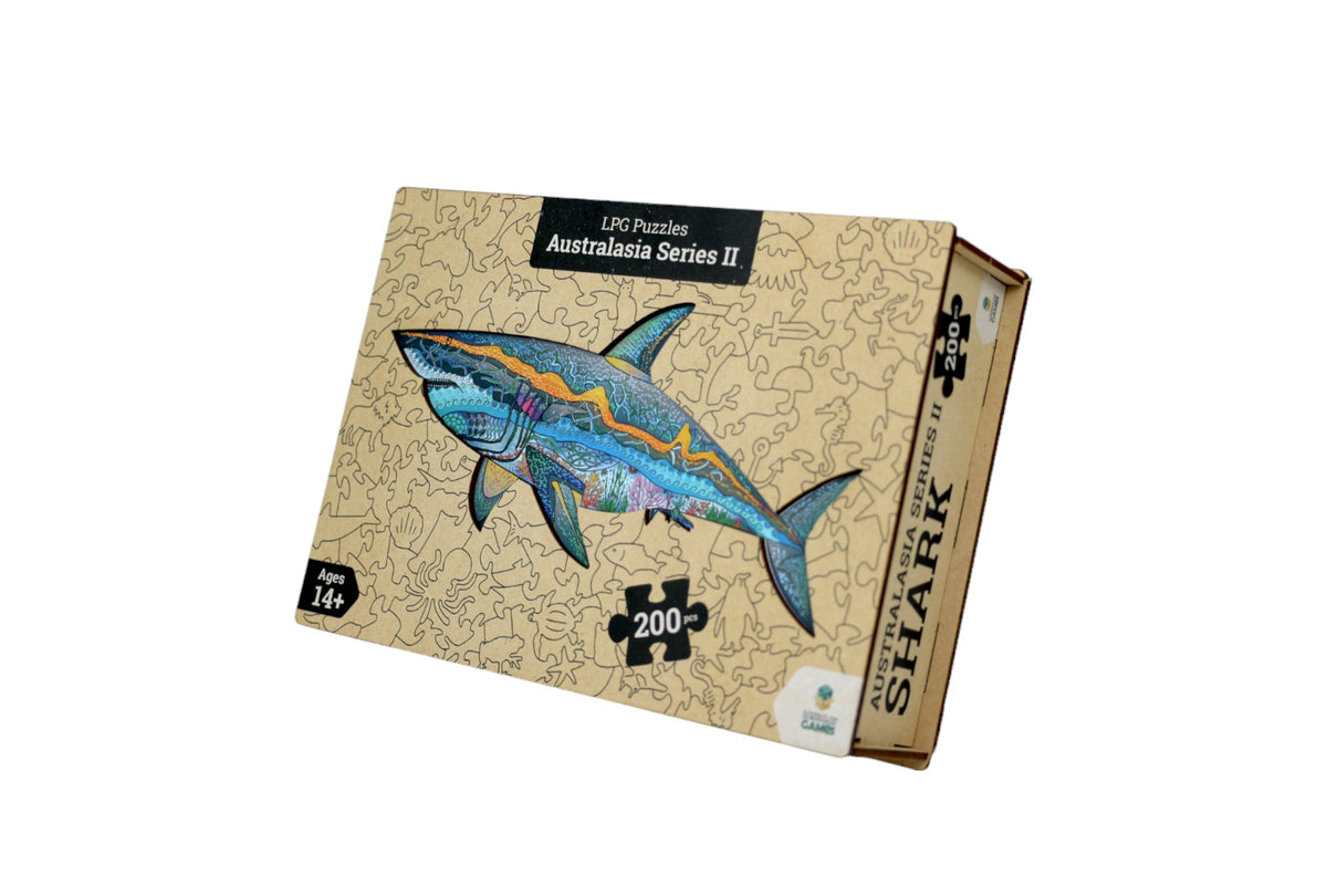 Brown &#39;Australasia Series II Shark&#39; 200-piece puzzle box, features a colourful shark with internal marine life patterns