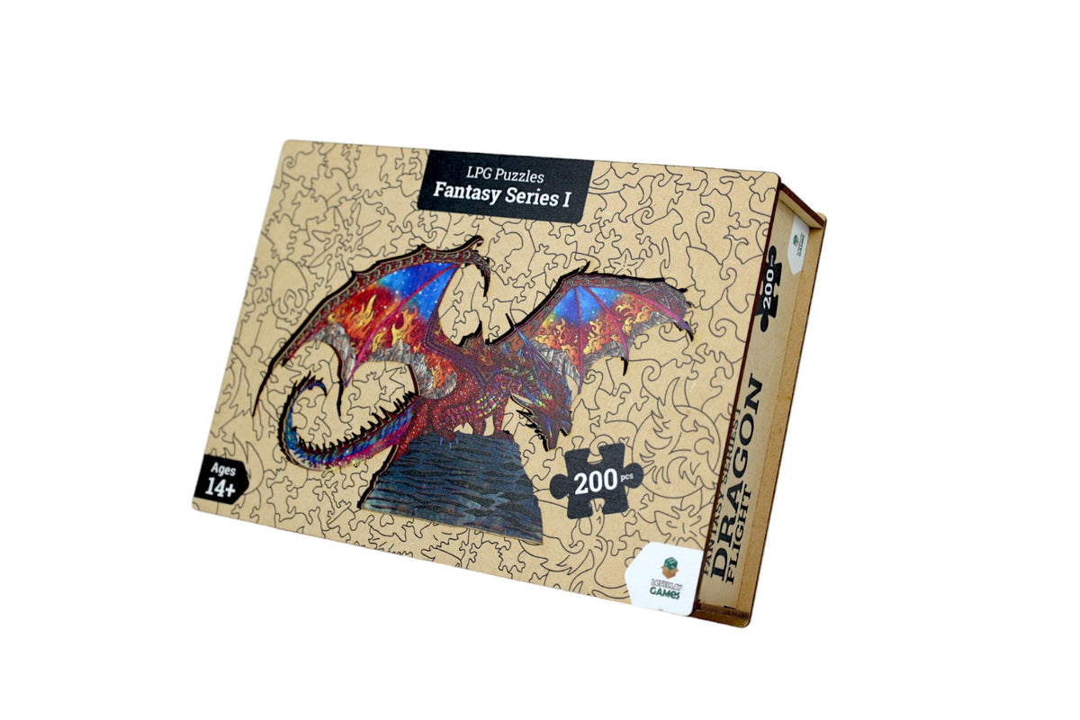 A brown wooden puzzle box features a vibrant, laser-cut fantasy dragon design, Labeled &#39;Dragon Flight&#39;, 200 pieces