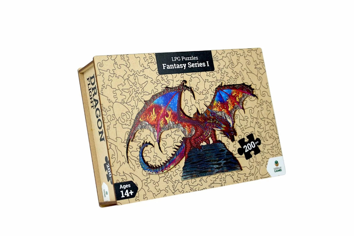 A wooden puzzle box featuring a vibrant red dragon with fiery blue-red wings. Labeled &#39;Fantasy Series I, 200 pcs&#39;