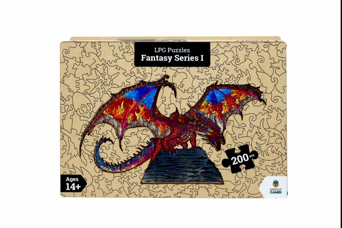 A 200-piece wooden jigsaw puzzle front cover featuring a vibrant red dragon with fiery and starry wings