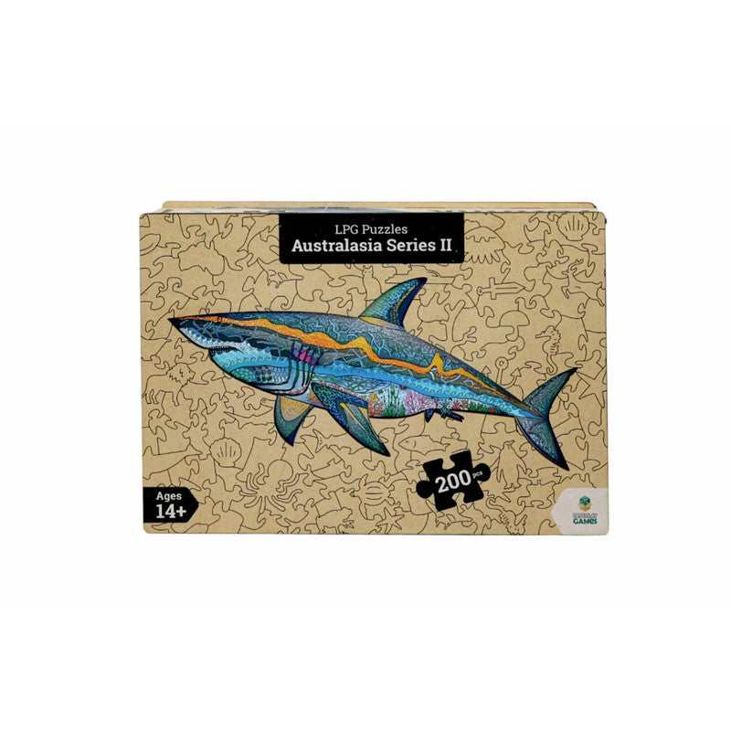 A puzzle front box featuring an artistic shark design filled with vibrant marine life scenes, LPG Puzzles, 200 pcs