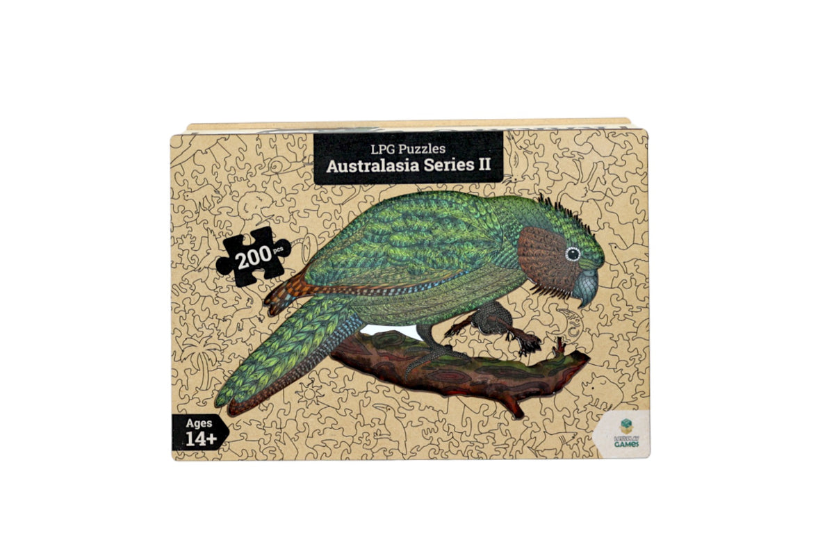LPG Puzzles front box displaying a green Kakapo parrot on a branch. Labelled &#39;Australasia Series II, 200 pcs, Ages 14+&#39;