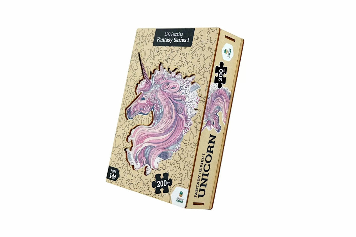 Wooden puzzle box featuring an intricate pink and purple unicorn head, Labeled &quot;Fantasy Series I UNICORN, 200 pcs&quot;