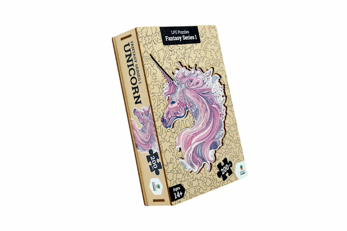A brown 200-piece puzzle box with a colourful pink and purple unicorn design on the front, titled &#39;Fantasy Series I&#39;
