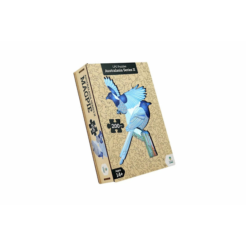 A brown Magpie puzzle box featuring two blue magpies on a puzzle-piece background, labeled &#39;200 pcs&#39;