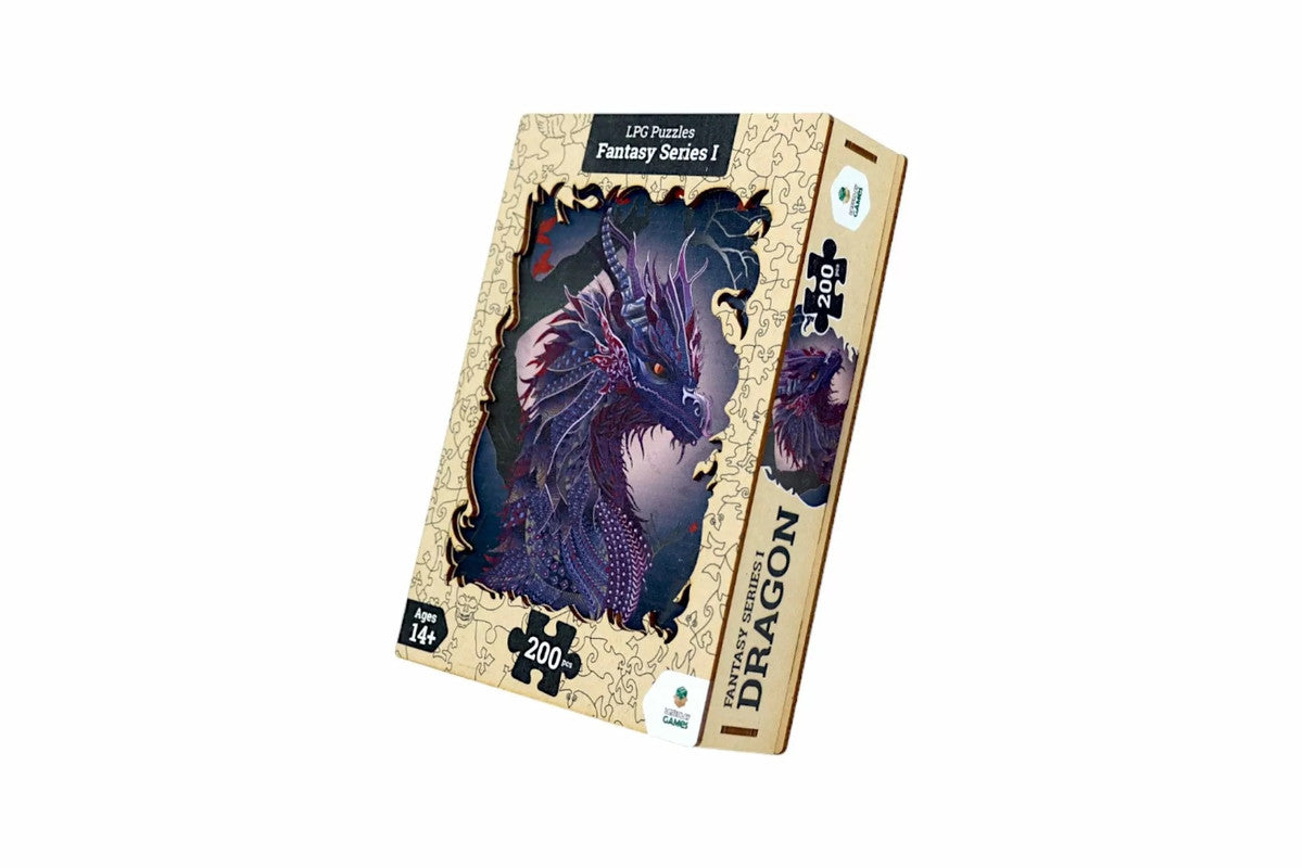 A 200-piece wooden puzzle box for LPG Puzzles Fantasy Series 1, showing a detailed purple dragon