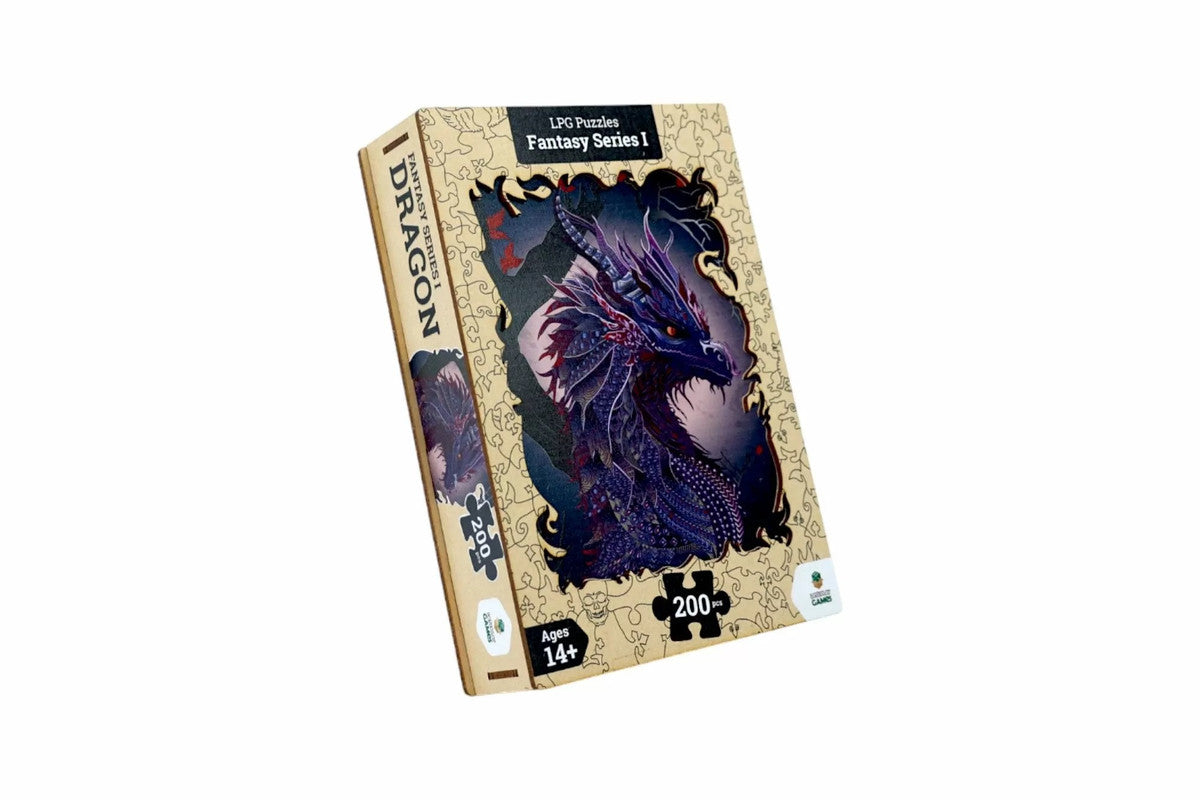 A rectangular puzzle box features a dark purple dragon illustration on its cover, titled &quot;Fantasy Series I Dragon,&quot; with &quot;200 pcs&quot; visible
