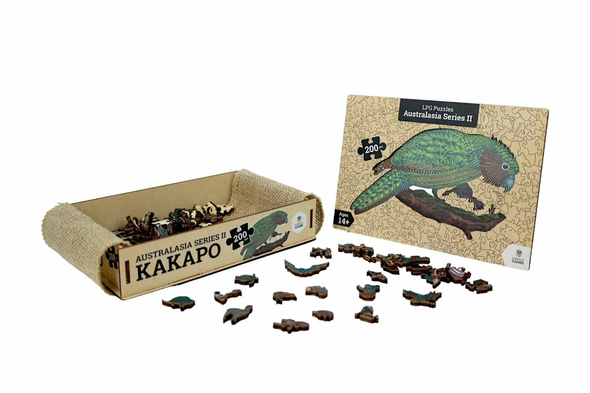 A 200-piece wooden jigsaw puzzle of a green Kakapo parrot, with its box and loose pieces