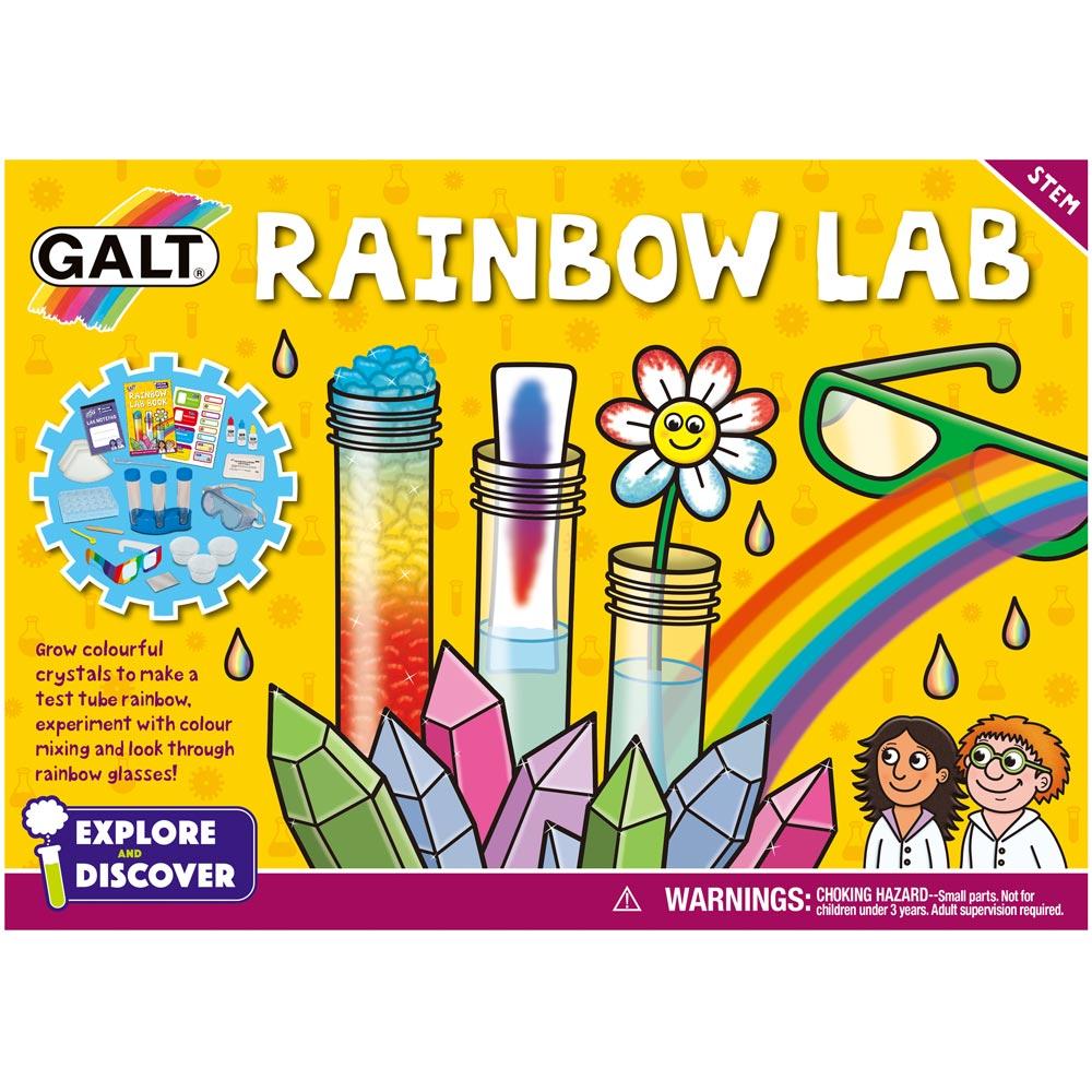 Galt Rainbow Lab STEM science kit packaging featuring test tubes, colourful crystals, safety glasses, a rainbow, and two children
