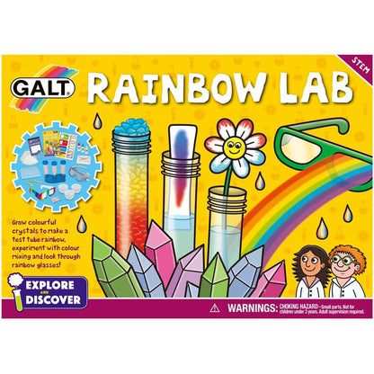 Galt Rainbow Lab STEM science kit packaging featuring test tubes, colourful crystals, safety glasses, a rainbow, and two children
