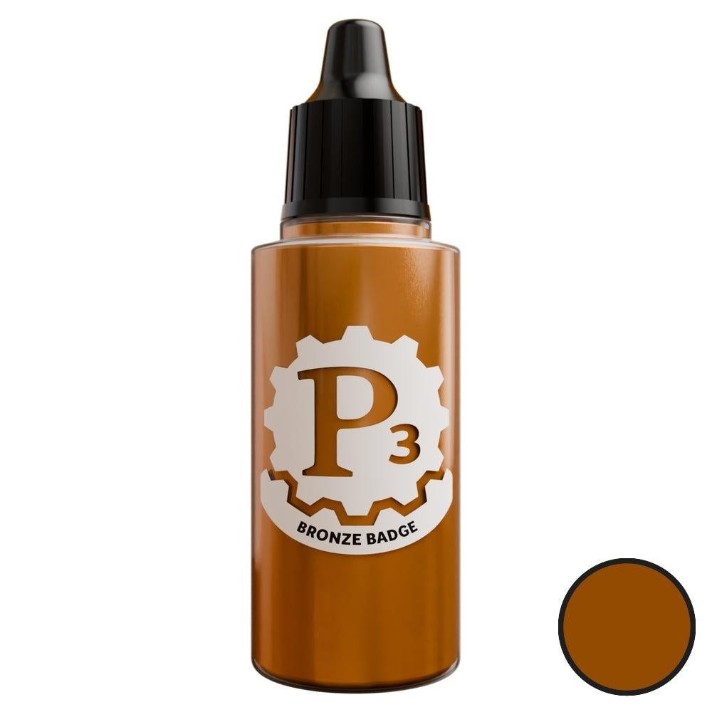 P3 Bronze Badge hobby paint in a dropper bottle, with an accompanying color swatch